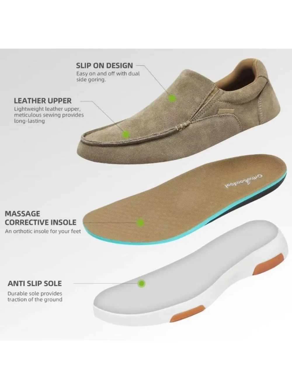 OrthoComfoot Mens Camel Leather Slip On Loafer Comfortable Non-Slip Casual Shoes